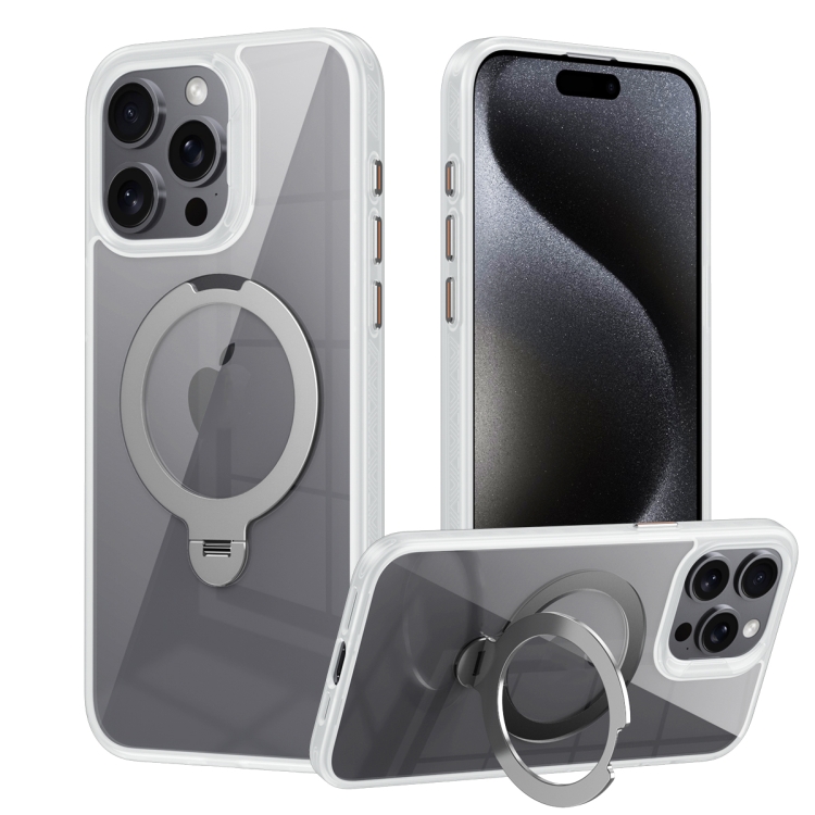

For iPhone 14 Pro Transparent MagSafe Magnetic Rotating Ring Holder Phone Case(White)