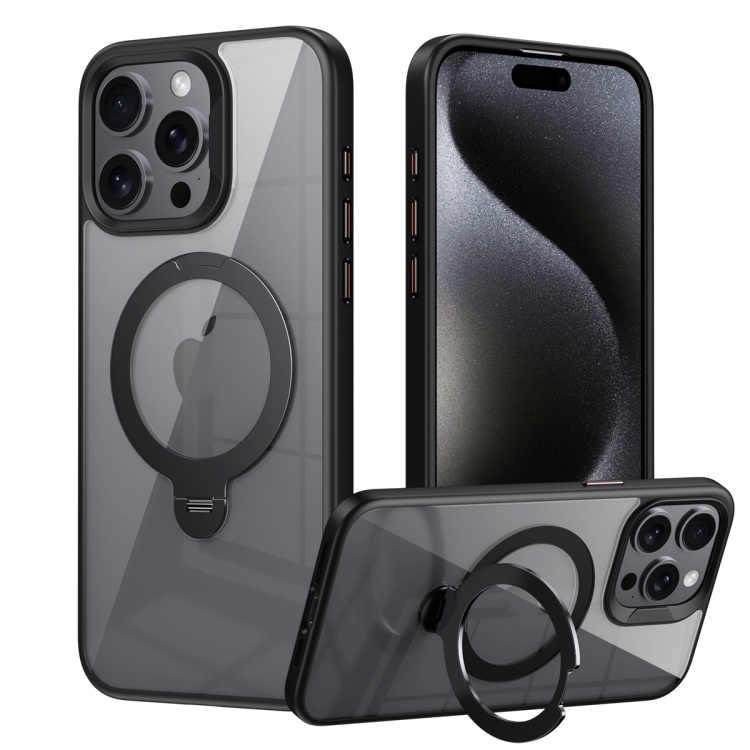 

For iPhone 14 Pro Max Transparent MagSafe Magnetic Rotating Ring Holder Phone Case(Black)