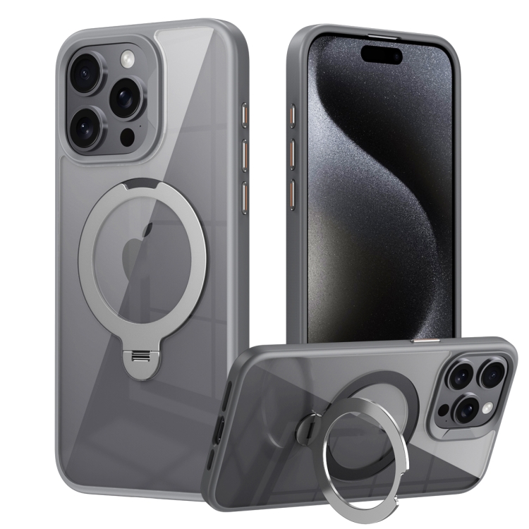 

For iPhone 14 Pro Max Transparent MagSafe Magnetic Rotating Ring Holder Phone Case(Grey)