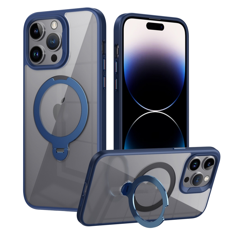 

For iPhone 13 Pro Max Transparent MagSafe Magnetic Rotating Ring Holder Phone Case(Blue)