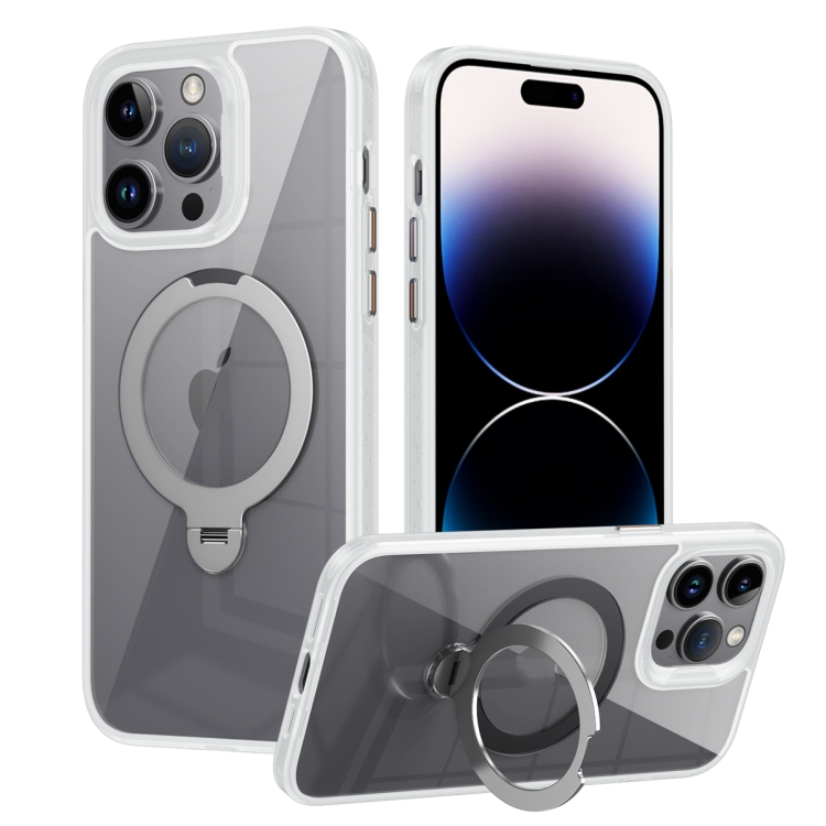

For iPhone 13 Pro Transparent MagSafe Magnetic Rotating Ring Holder Phone Case(White)
