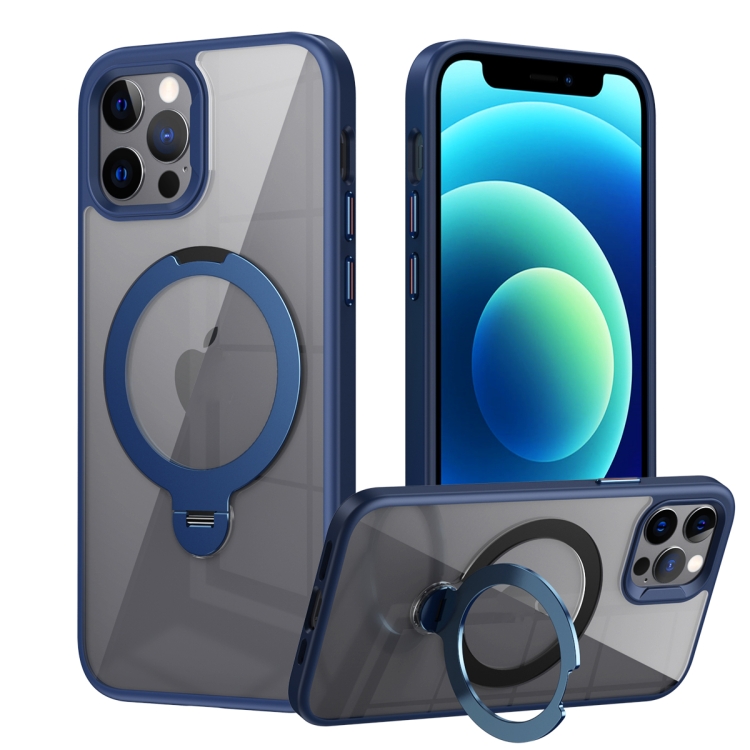 

For iPhone 12 / 12 Pro Transparent MagSafe Magnetic Rotating Ring Holder Phone Case(Blue)