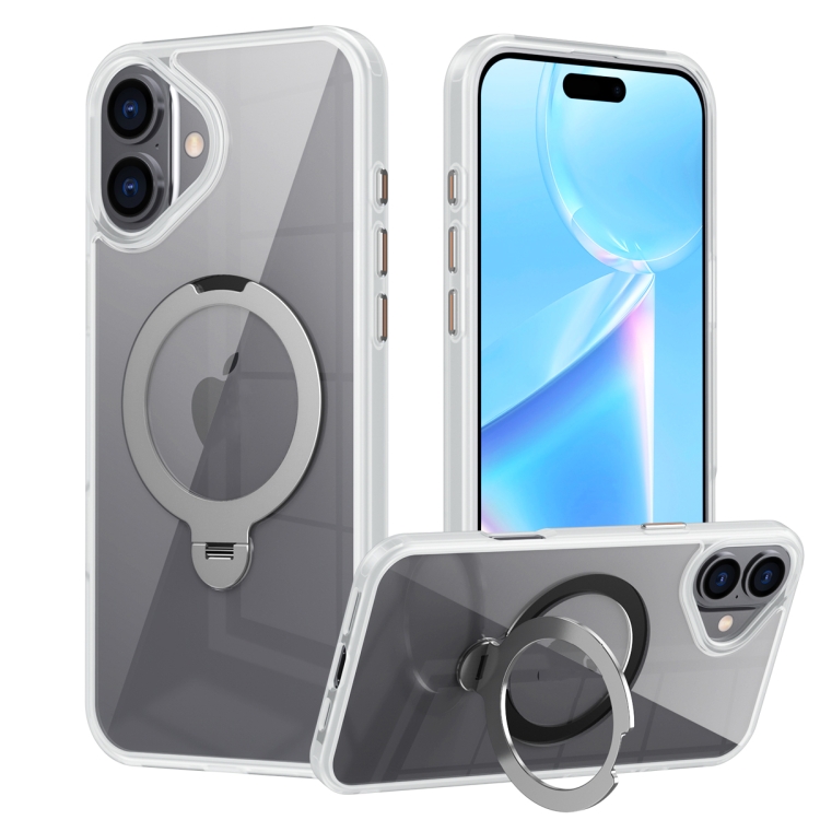 

For iPhone 16 Plus Transparent MagSafe Magnetic Rotating Ring Holder Phone Case(White)