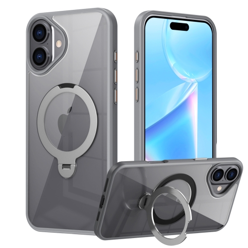 

For iPhone 16 Transparent MagSafe Magnetic Rotating Ring Holder Phone Case(Grey)