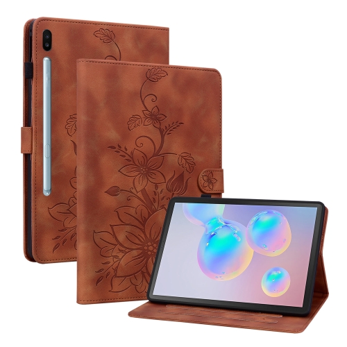 

For Samsung Galaxy Tab S6 SM-T860 / SM-T865 Lily Embossed Leather Tablet Case with Pen(Brown)