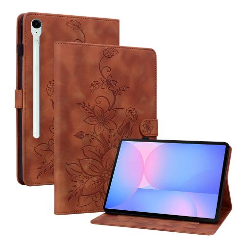 

For Samsung Galaxy Tab S10 FE+ Lily Embossed Leather Tablet Case with Pen(Brown)