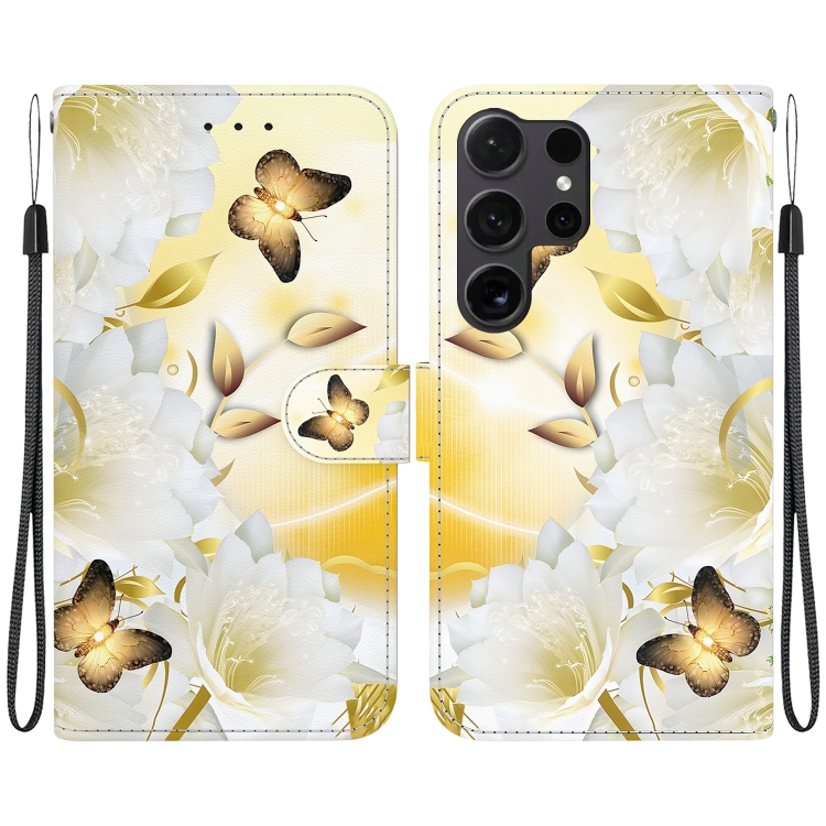 

For Samsung Galaxy S25 Ultra 5G Crystal Texture Colored Drawing Leather Phone Case(Gold Butterfly Epiphyllum)