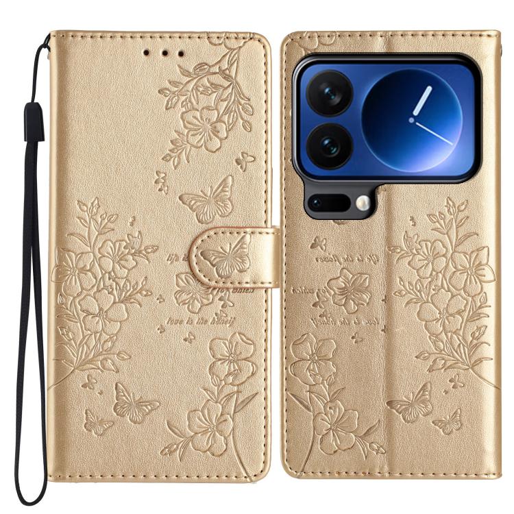 

For Xiaomi 17 Pro Max Butterflies and Flowers Leather Phone Case(Gold)