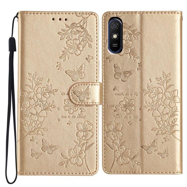 

For Redmi 9A Butterflies and Flowers Leather Phone Case(Gold)