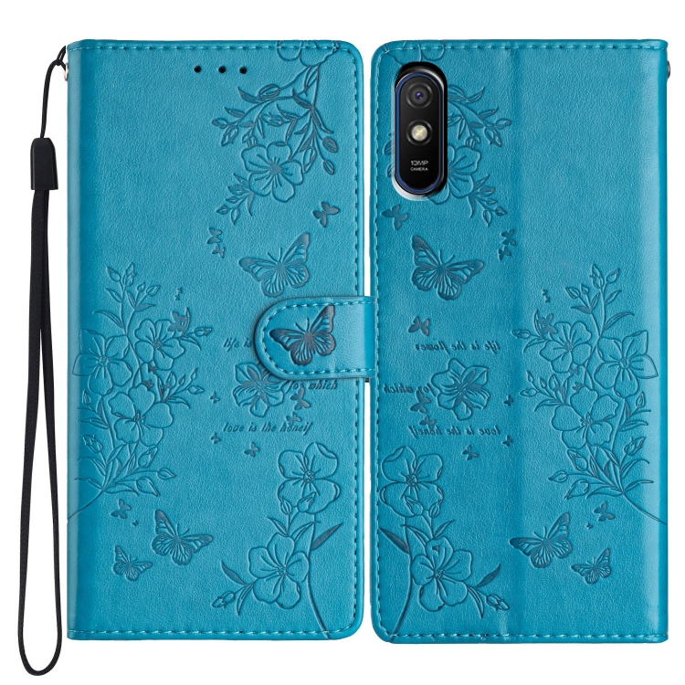 

For Redmi 9A Butterflies and Flowers Leather Phone Case(Blue)