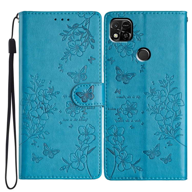 

For Redmi 10A Butterflies and Flowers Leather Phone Case(Blue)