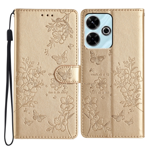 

For Redmi 13 4G Butterflies and Flowers Leather Phone Case(Gold)