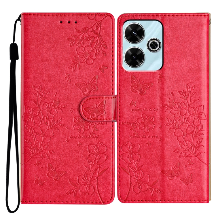 

For Redmi 13 4G Butterflies and Flowers Leather Phone Case(Red)