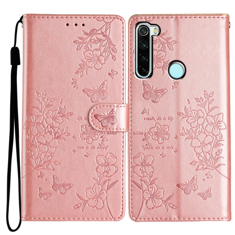 

For Redmi Note 8T Butterflies and Flowers Leather Phone Case(Rose Gold)