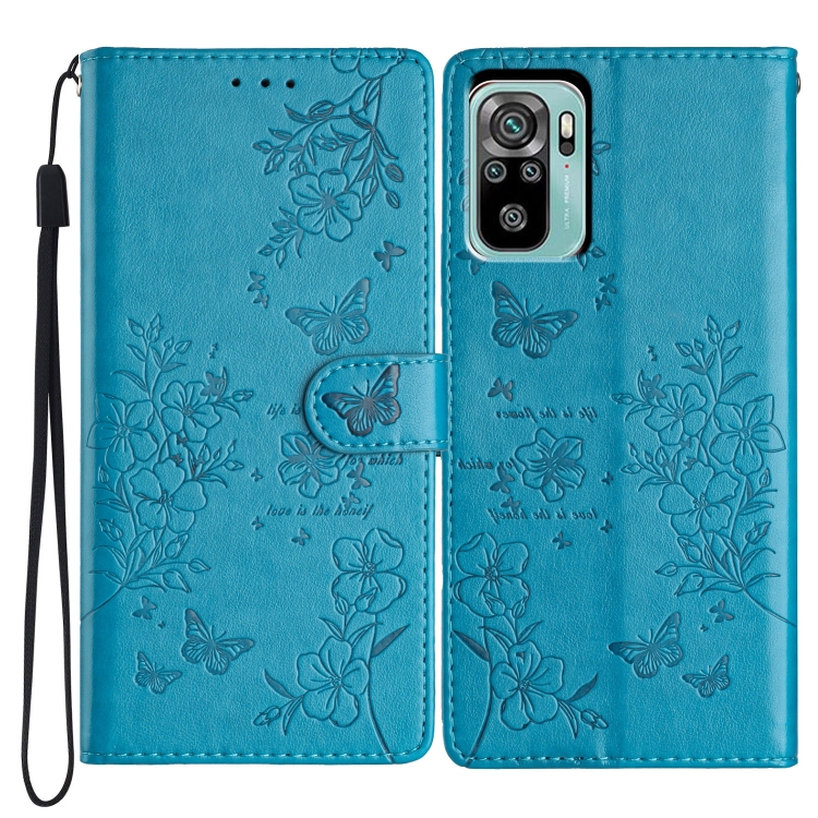 

For Redmi Note 10 4G Butterflies and Flowers Leather Phone Case(Blue)