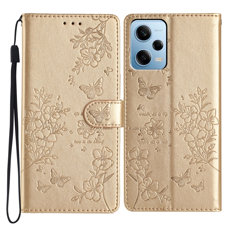 

For Redmi Note 12 4G Global Butterflies and Flowers Leather Phone Case(Gold)