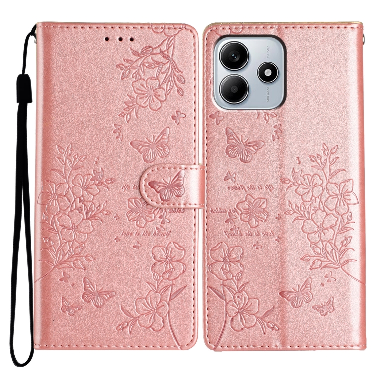 

For Redmi Note 14 5G Butterflies and Flowers Leather Phone Case(Rose Gold)