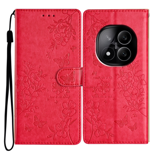 

For Redmi Note 14 Pro 5G Butterflies and Flowers Leather Phone Case(Red)