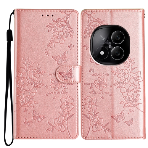 

For Redmi Note 14 Pro+ 5G Butterflies and Flowers Leather Phone Case(Rose Gold)