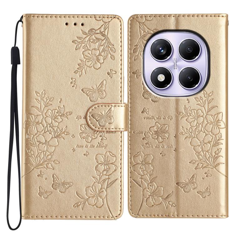 

For Redmi Note 14 Pro 4G Butterflies and Flowers Leather Phone Case(Gold)