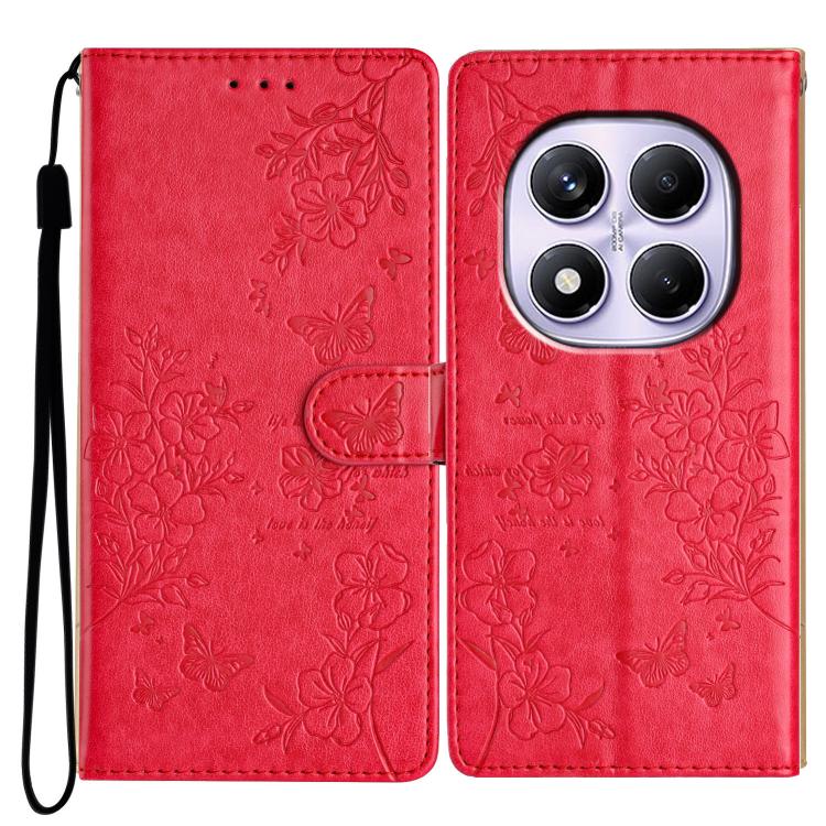 

For Redmi Note 14 Pro 4G Butterflies and Flowers Leather Phone Case(Red)