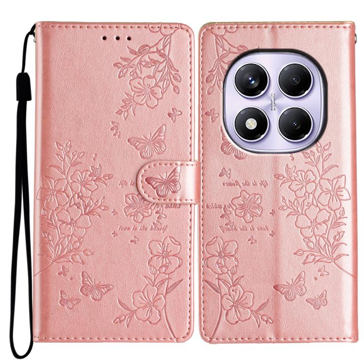 

For Redmi Note 14 Pro 4G Butterflies and Flowers Leather Phone Case(Rose Gold)