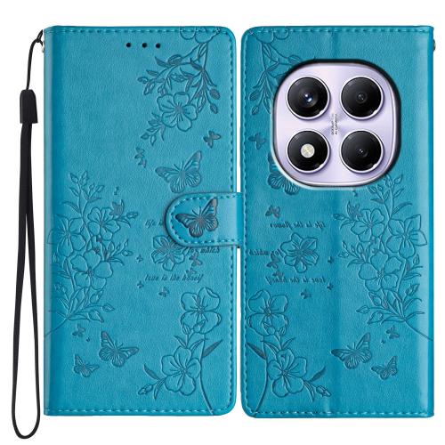 

For Redmi Note 14 Pro 4G Butterflies and Flowers Leather Phone Case(Blue)
