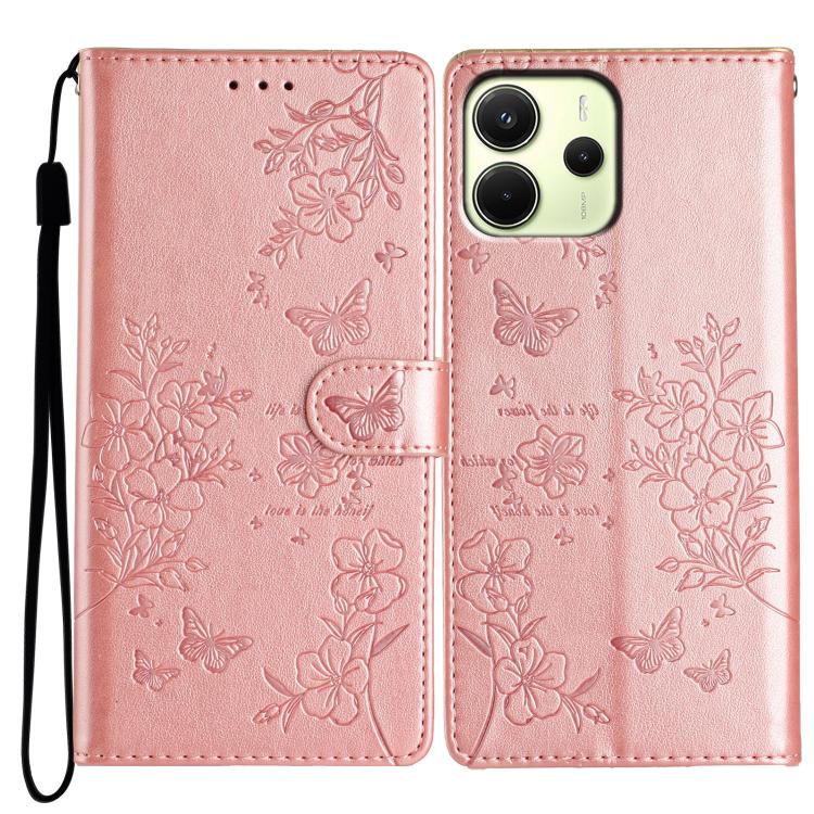 

For Redmi Note 14 4G 163.25mm Butterflies and Flowers Leather Phone Case(Rose Gold)