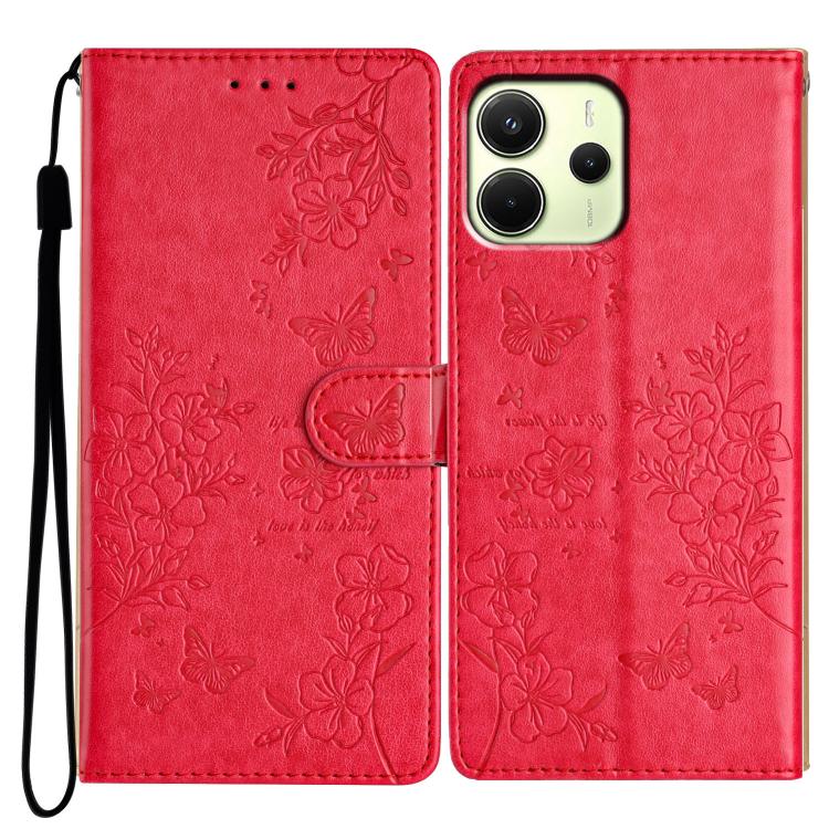 

For Redmi Note 14 4G 164.84mm Butterflies and Flowers Leather Phone Case(Red)