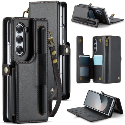 

For Samsung Galaxy Z Fold6 5G CaseMe C22 PC+TPU Business Style RFID Anti-theft Lanyard Leather Phone Case with Pen Slot(Black)