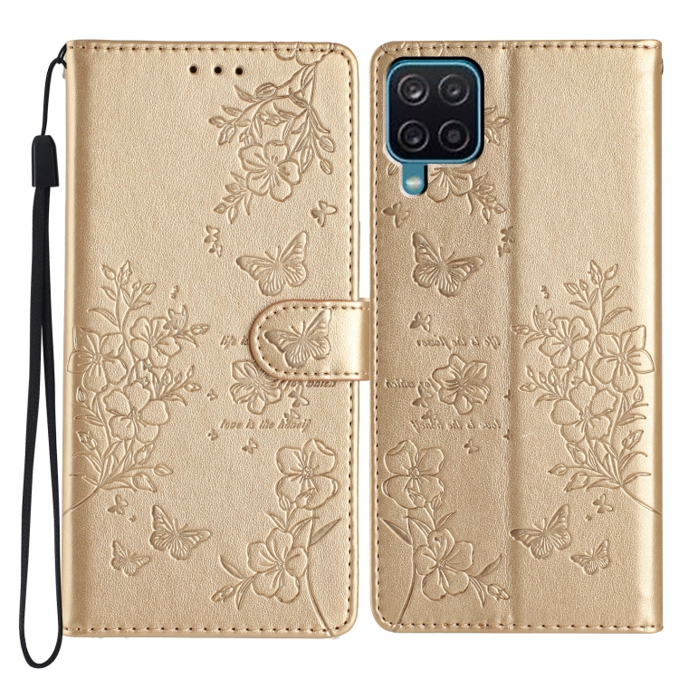 

For Samsung Galaxy M53 Butterflies and Flowers Leather Phone Case(Gold)