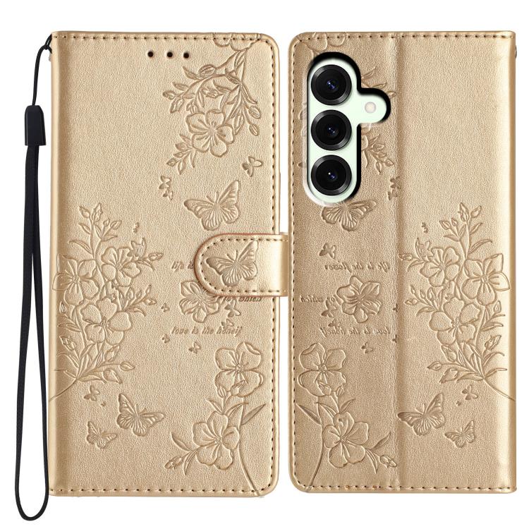 

For Samsung Galaxy M36 5G Butterflies and Flowers Leather Phone Case(Gold)