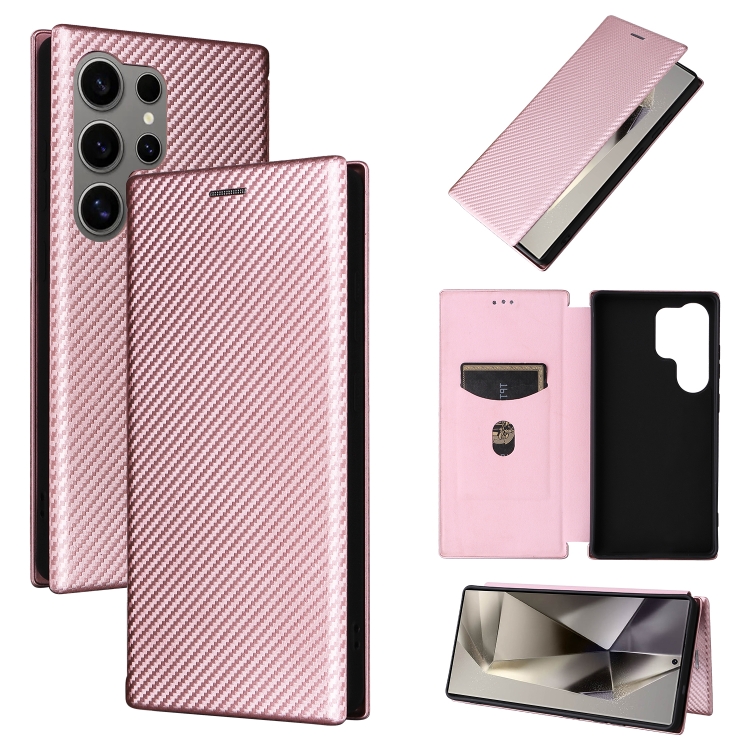 

For Samsung Galaxy S25 Ultra 5G Carbon Fiber Texture Flip Leather Phone Case(Pink)