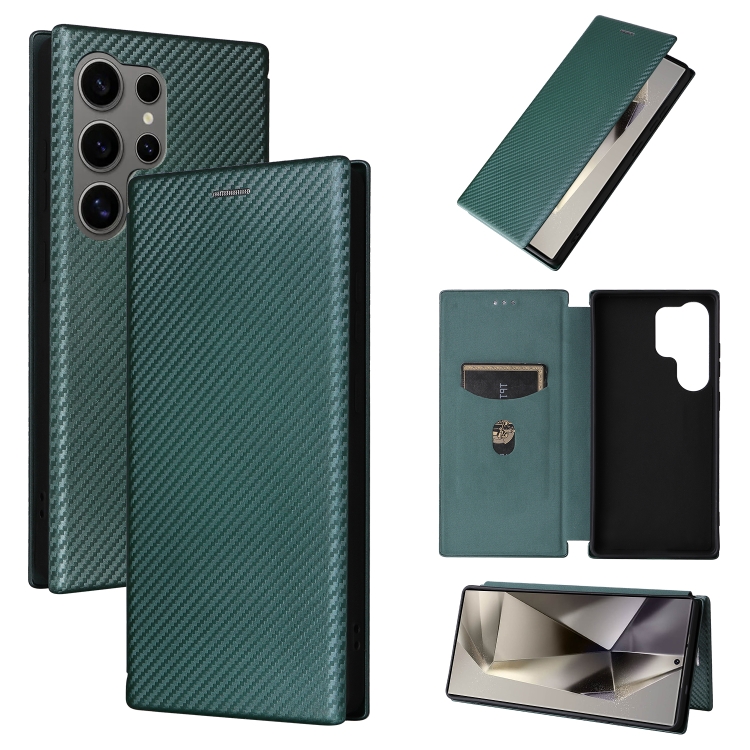 

For Samsung Galaxy S25 Ultra 5G Carbon Fiber Texture Flip Leather Phone Case(Green)