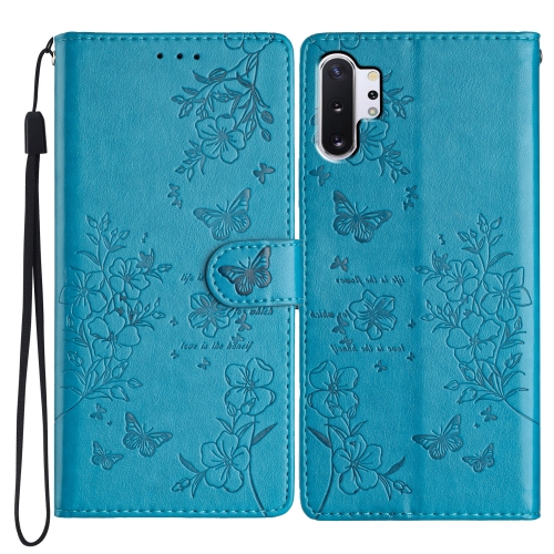 

For Samsung Galaxy Note10+ Butterflies and Flowers Leather Phone Case(Blue)