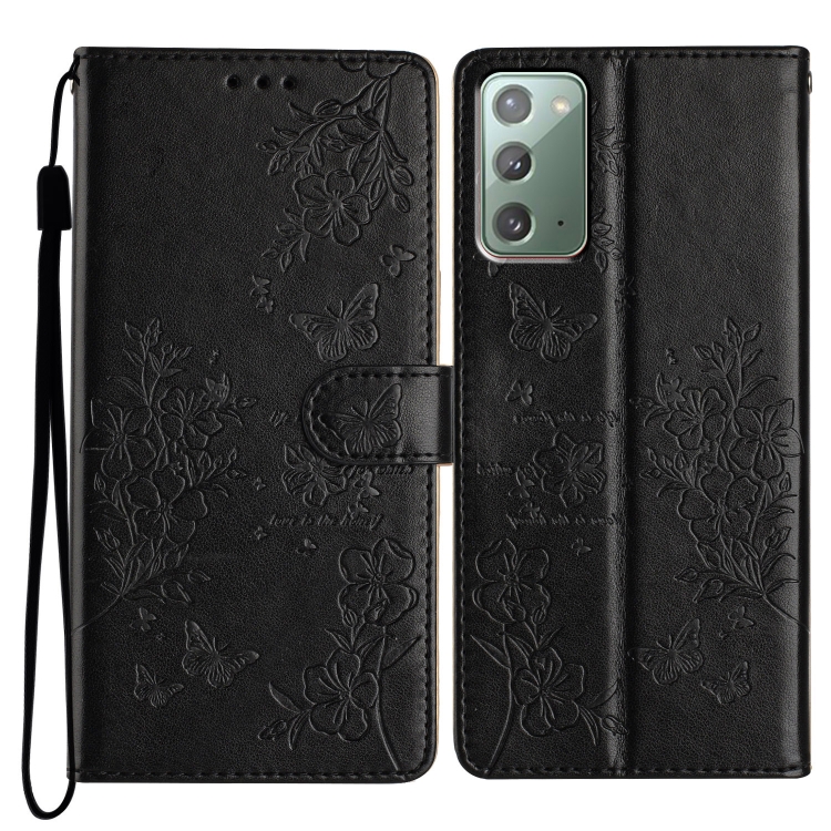 

For Samsung Galaxy Note20 Butterflies and Flowers Leather Phone Case(Black)