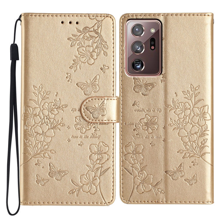 

For Samsung Galaxy Note20 Ultra Butterflies and Flowers Leather Phone Case(Gold)