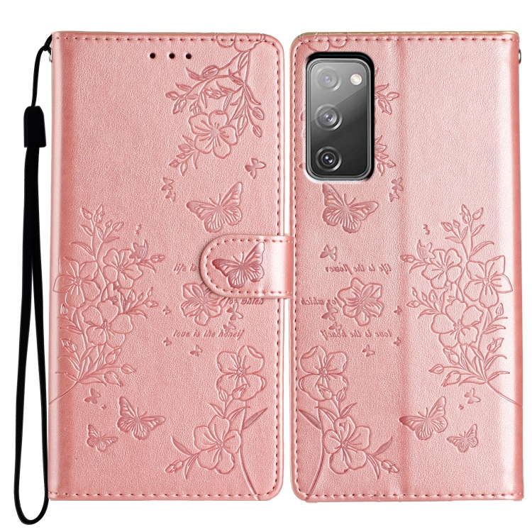 

For Samsung Galaxy S20 FE Butterflies and Flowers Leather Phone Case(Rose Gold)