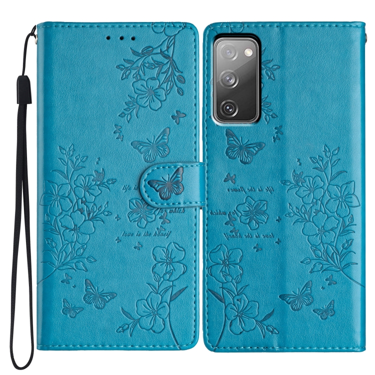 

For Samsung Galaxy S20 FE Butterflies and Flowers Leather Phone Case(Blue)