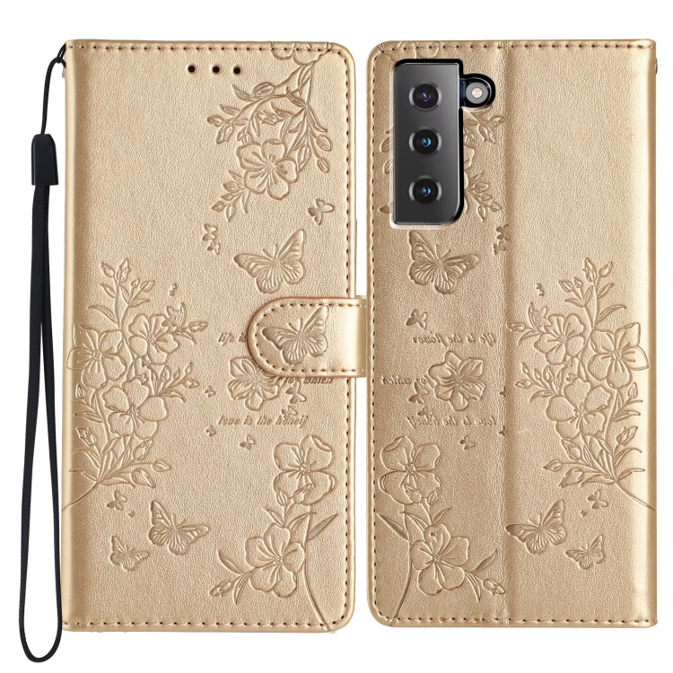 

For Samsung Galaxy S21 5G Butterflies and Flowers Leather Phone Case(Gold)