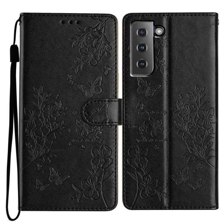 

For Samsung Galaxy S21 5G Butterflies and Flowers Leather Phone Case(Black)