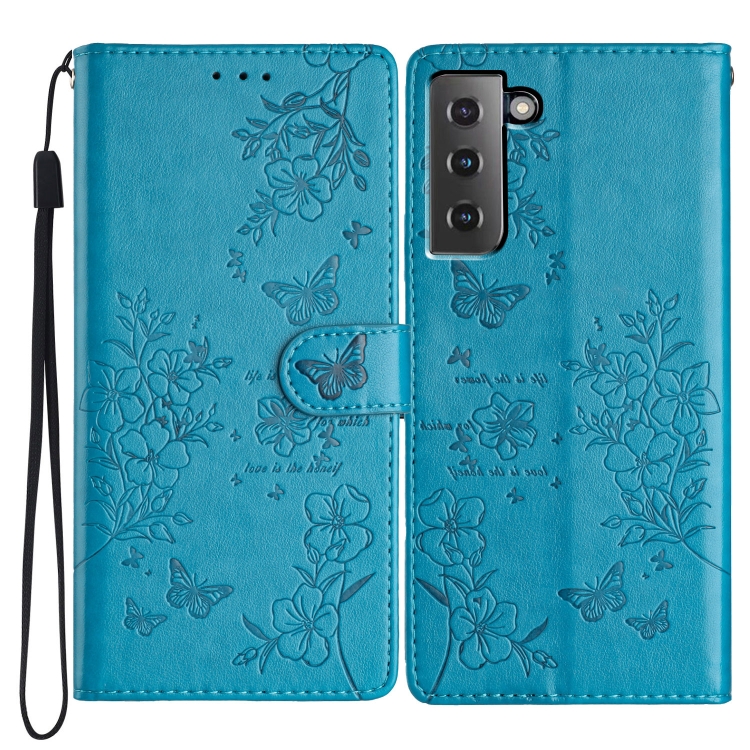

For Samsung Galaxy S21 5G Butterflies and Flowers Leather Phone Case(Blue)