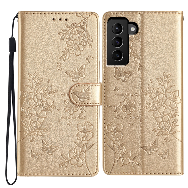 

For Samsung Galaxy S21+ 5G Butterflies and Flowers Leather Phone Case(Gold)