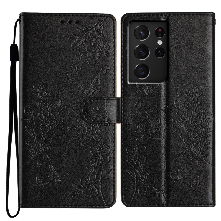 

For Samsung Galaxy S21 Ultra 5G Butterflies and Flowers Leather Phone Case(Black)
