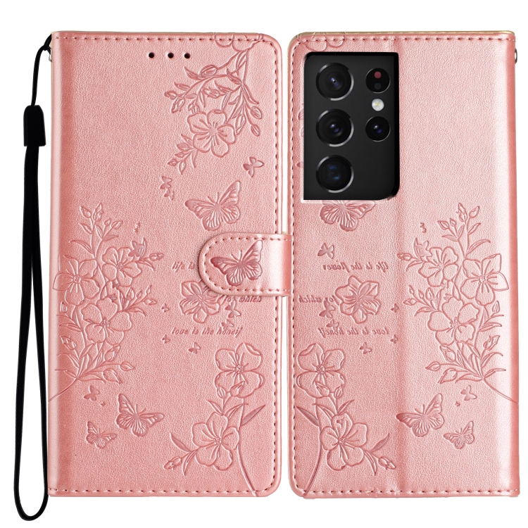 

For Samsung Galaxy S21 Ultra 5G Butterflies and Flowers Leather Phone Case(Rose Gold)