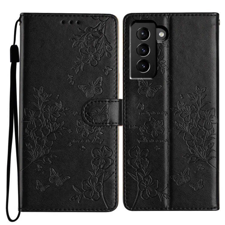 

For Samsung Galaxy S22 5G Butterflies and Flowers Leather Phone Case(Black)