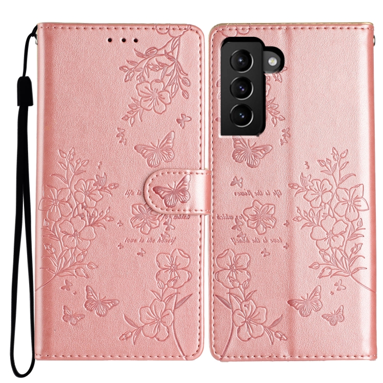 

For Samsung Galaxy S22 5G Butterflies and Flowers Leather Phone Case(Rose Gold)