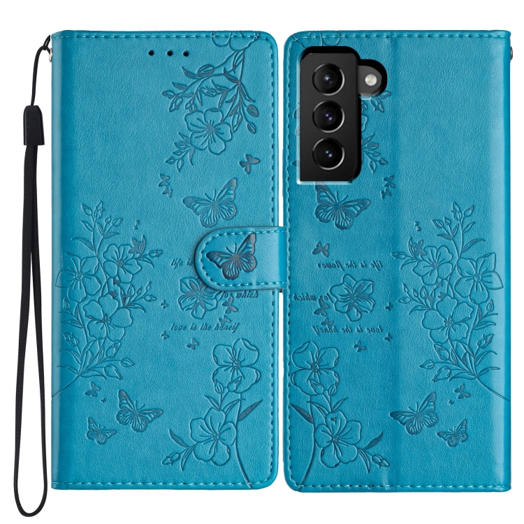 

For Samsung Galaxy S22+ 5G Butterflies and Flowers Leather Phone Case(Blue)