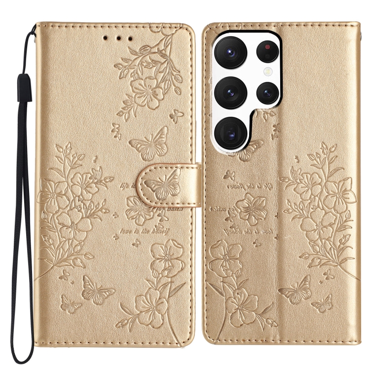 

For Samsung Galaxy S22 Ultra 5G Butterflies and Flowers Leather Phone Case(Gold)