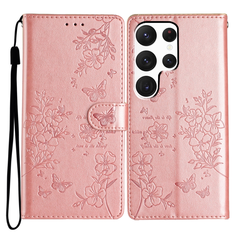 

For Samsung Galaxy S22 Ultra 5G Butterflies and Flowers Leather Phone Case(Rose Gold)
